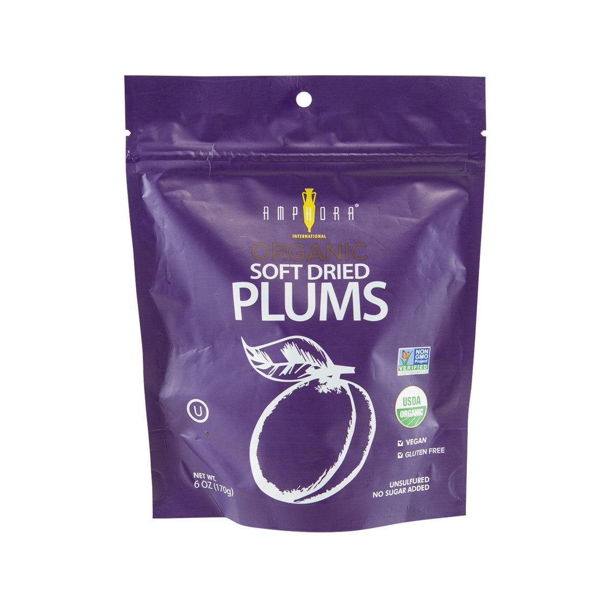 AMPHORA organic soft dried prunes bag, 170g purple pouch with plum icon and label