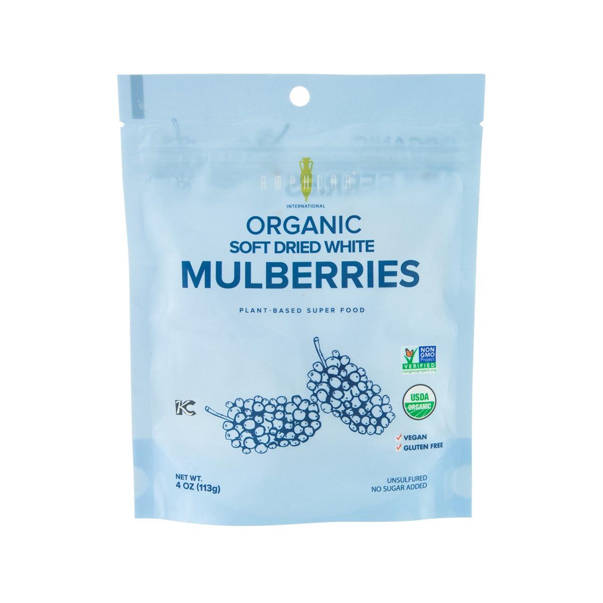 AMPHORA organic soft dried white mulberries in resealable pouch, 113 g