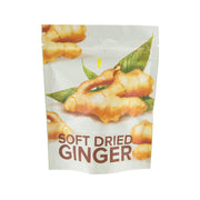 Soft dried ginger pouch with ginger roots and green leaves, front view