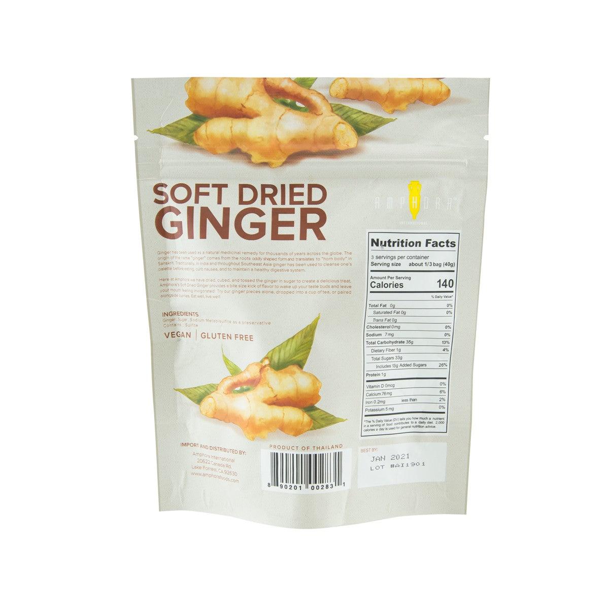 Soft dried ginger pouch back with nutrition facts panel and gluten free label