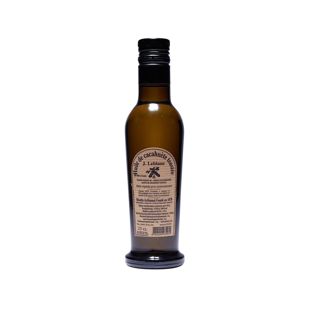 LE BLANC toasted peanut oil bottle, dark amber glass with black screw cap, 250 mL