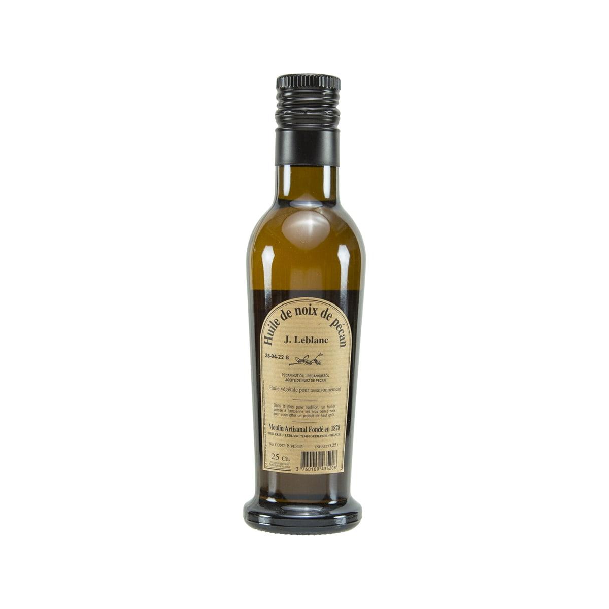 Pecan nut oil bottle by LE BLANC, amber glass with black cap and front label