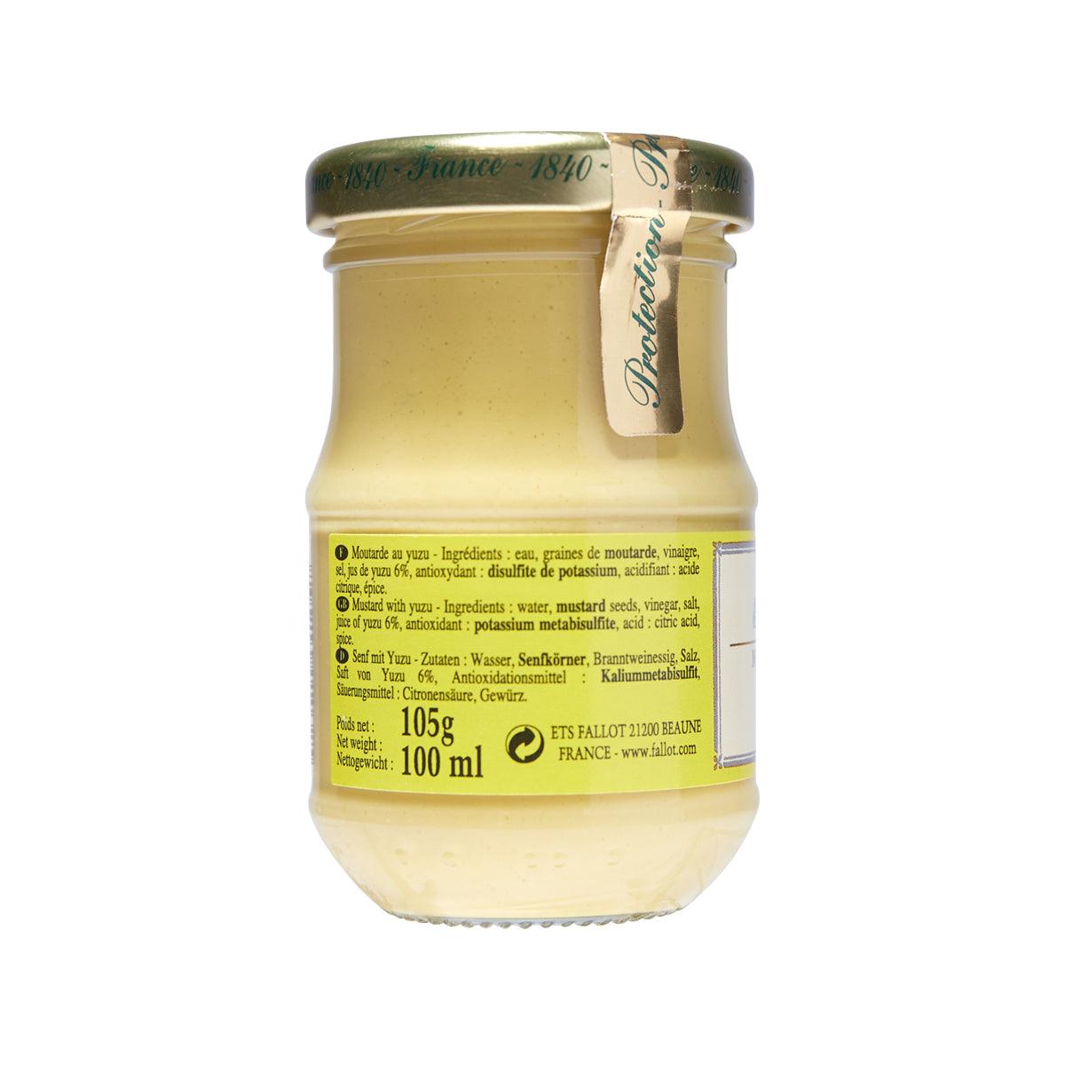 Edmond Fallot yuzu mustard jar, back label with nutrition info, 105g/100ml