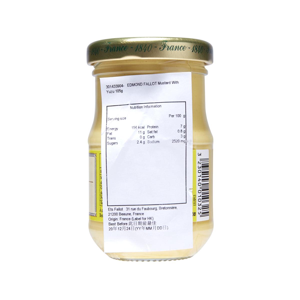 Edmond Fallot yuzu mustard jar showing nutrition information panel, 105g