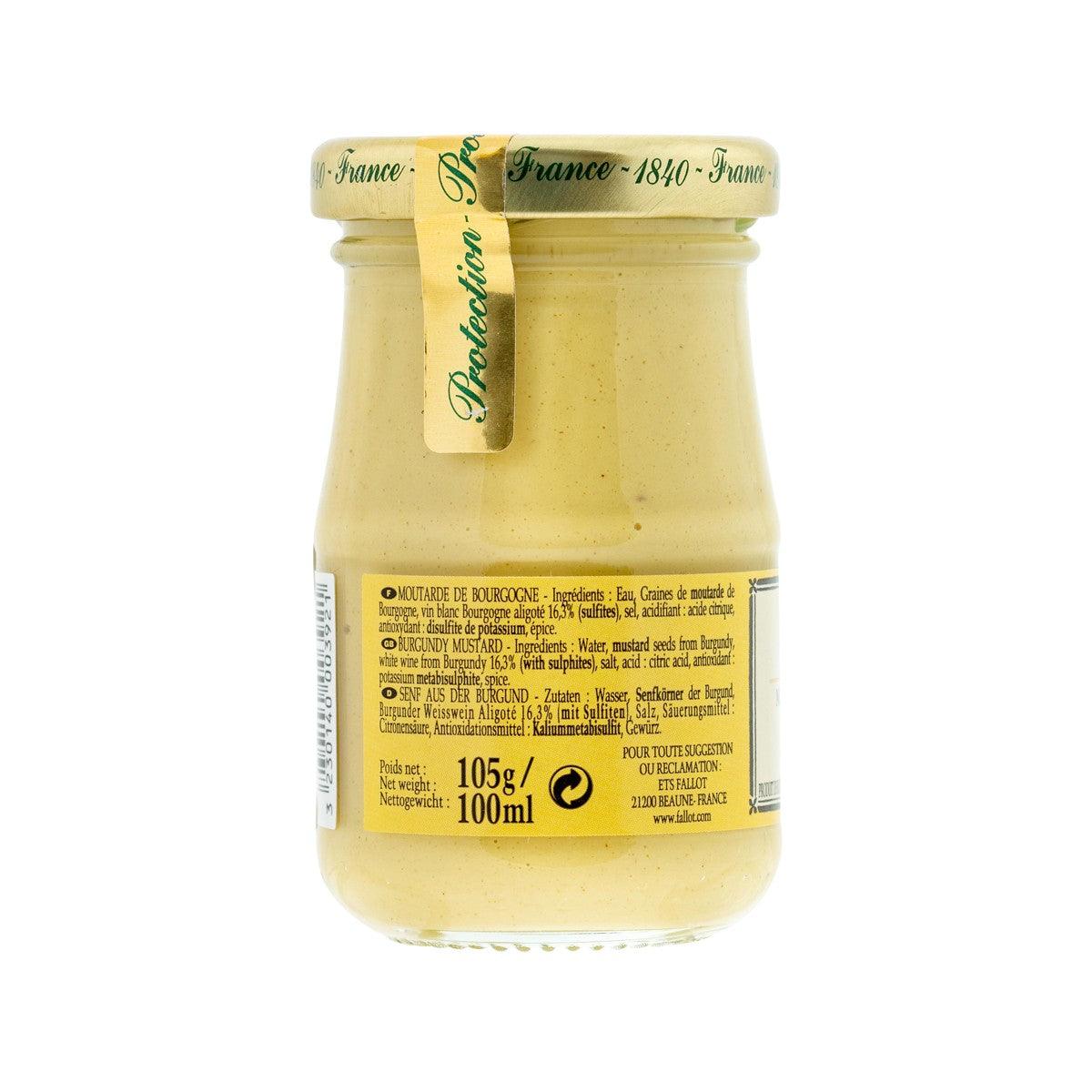 Mustard jar with yellow mustard and back ingredient label, 105g
