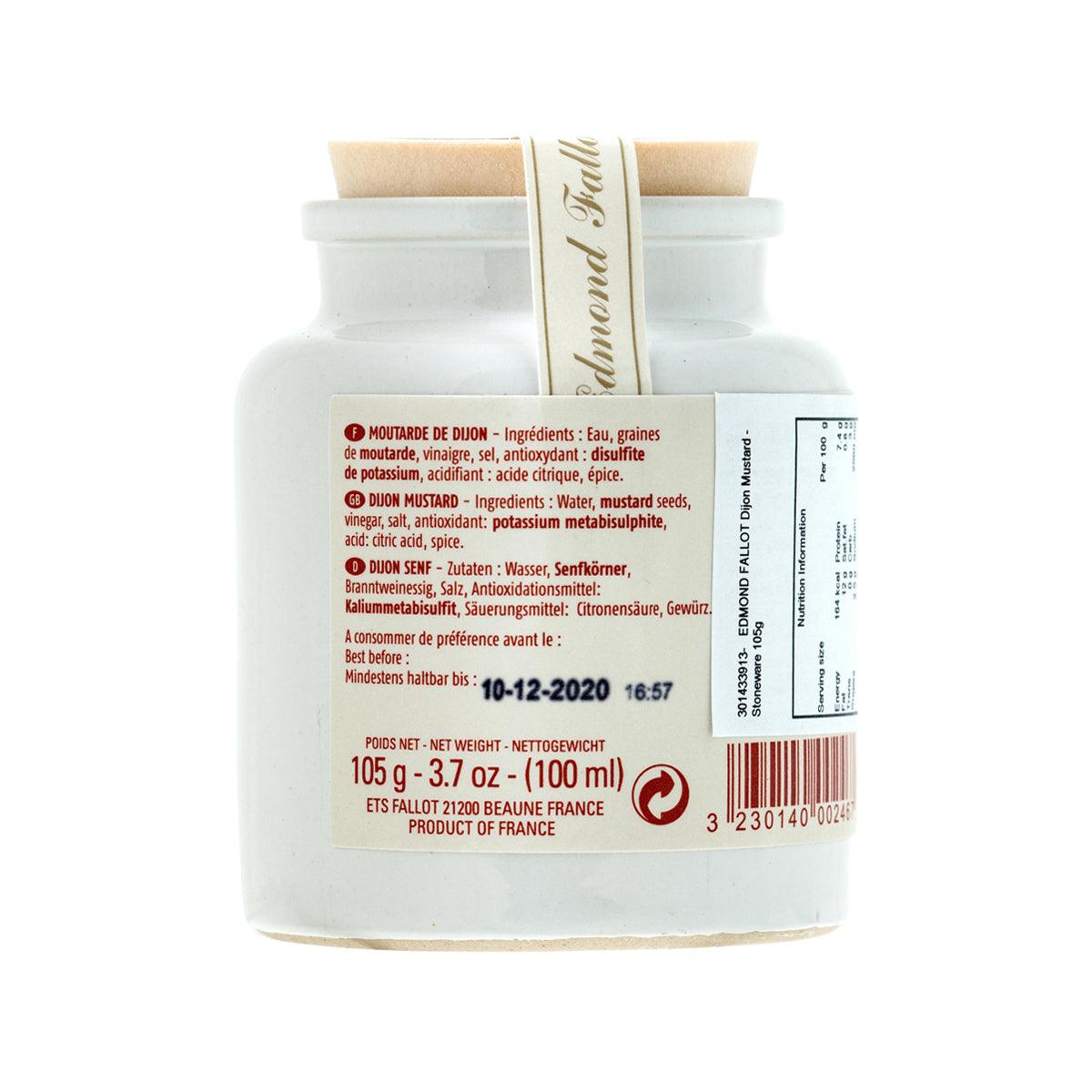 EDMOND FALLOT Dijon mustard stoneware jar back label with ingredients text.
