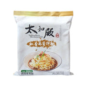 Spicy sesame noodles pouch with front label and bowl photo on white bag