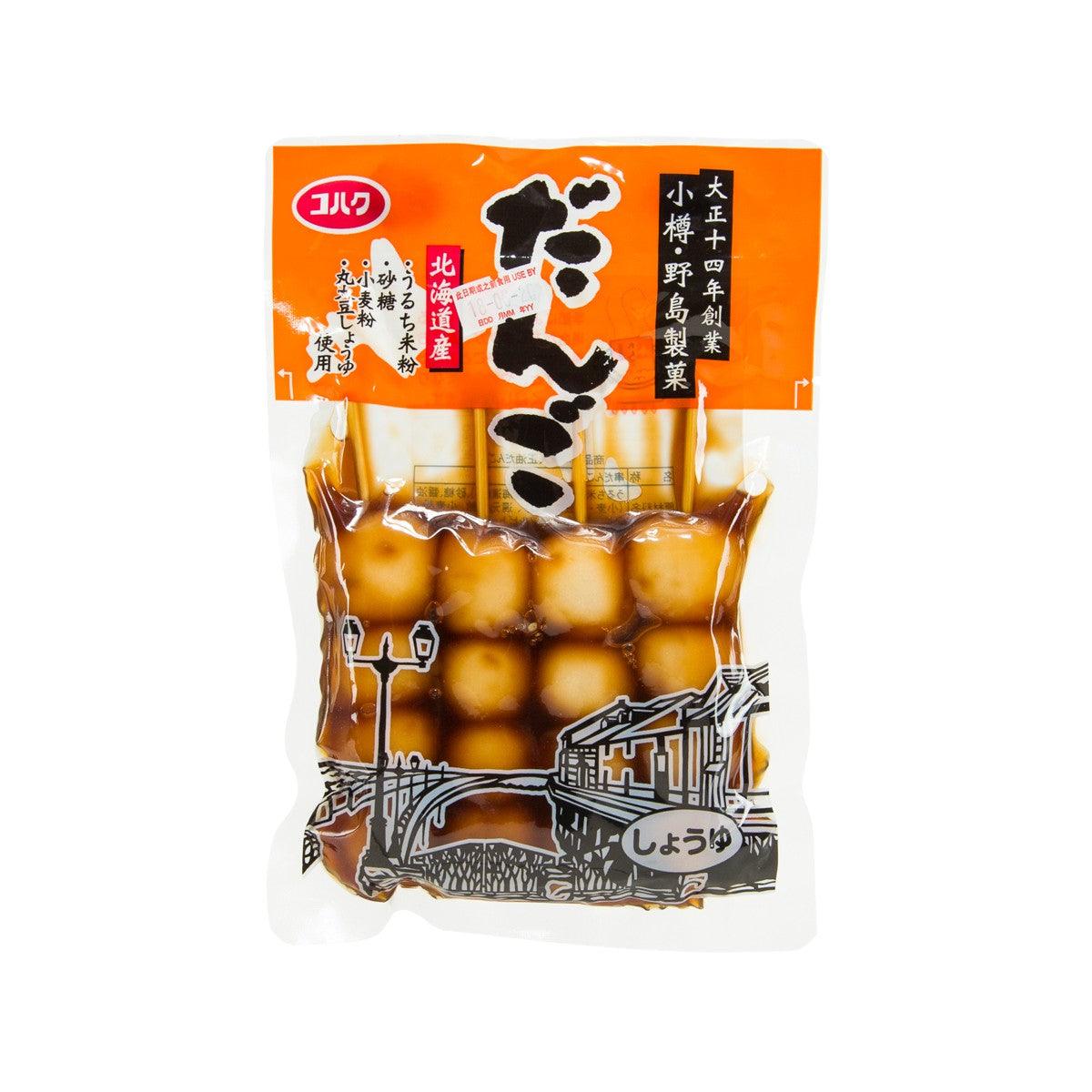 Packaged dango rice cake in soy sauce flavor, 4 pieces, front view