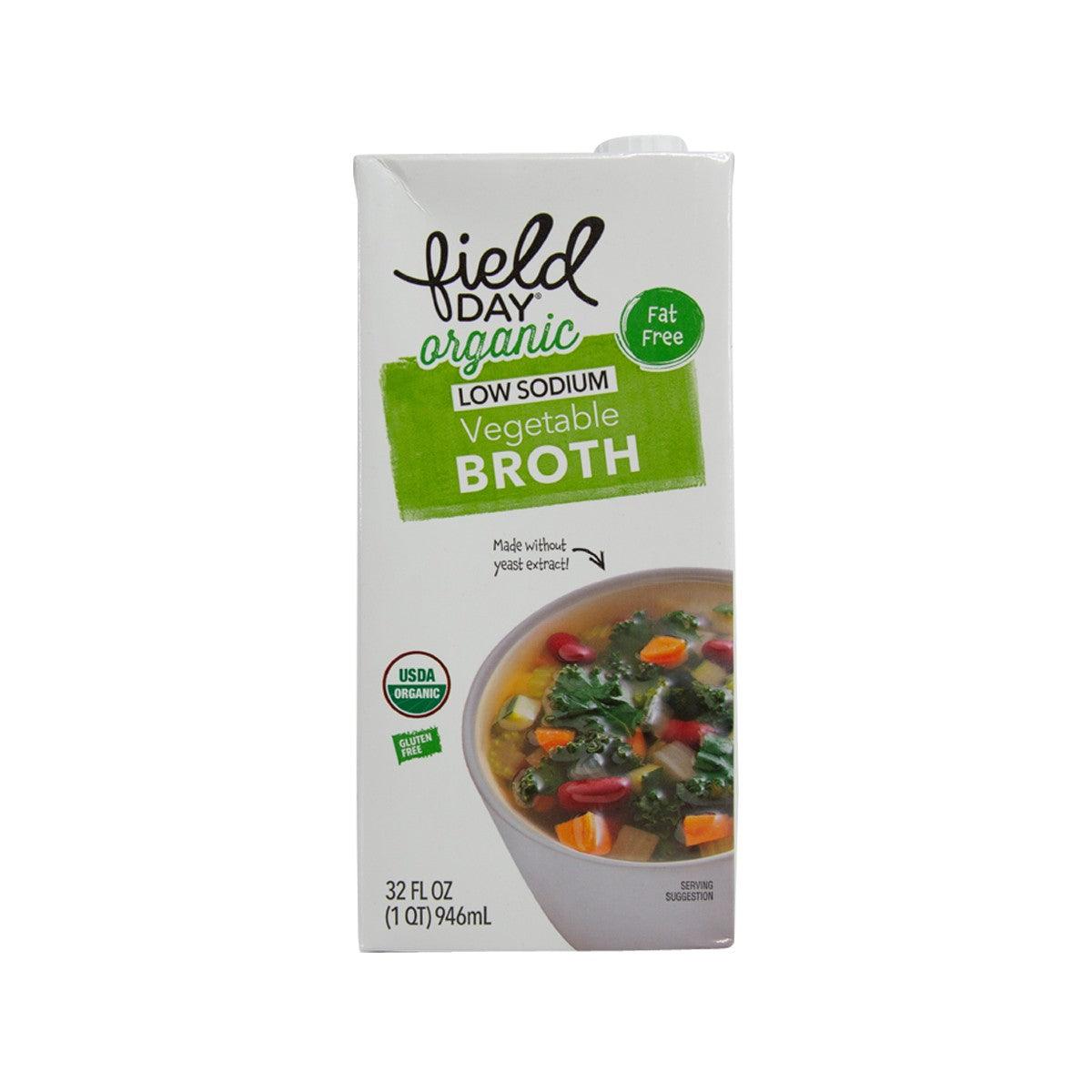 FIELD DAY Organic vegetable broth carton, low sodium, 32 fl oz (907 g), front label