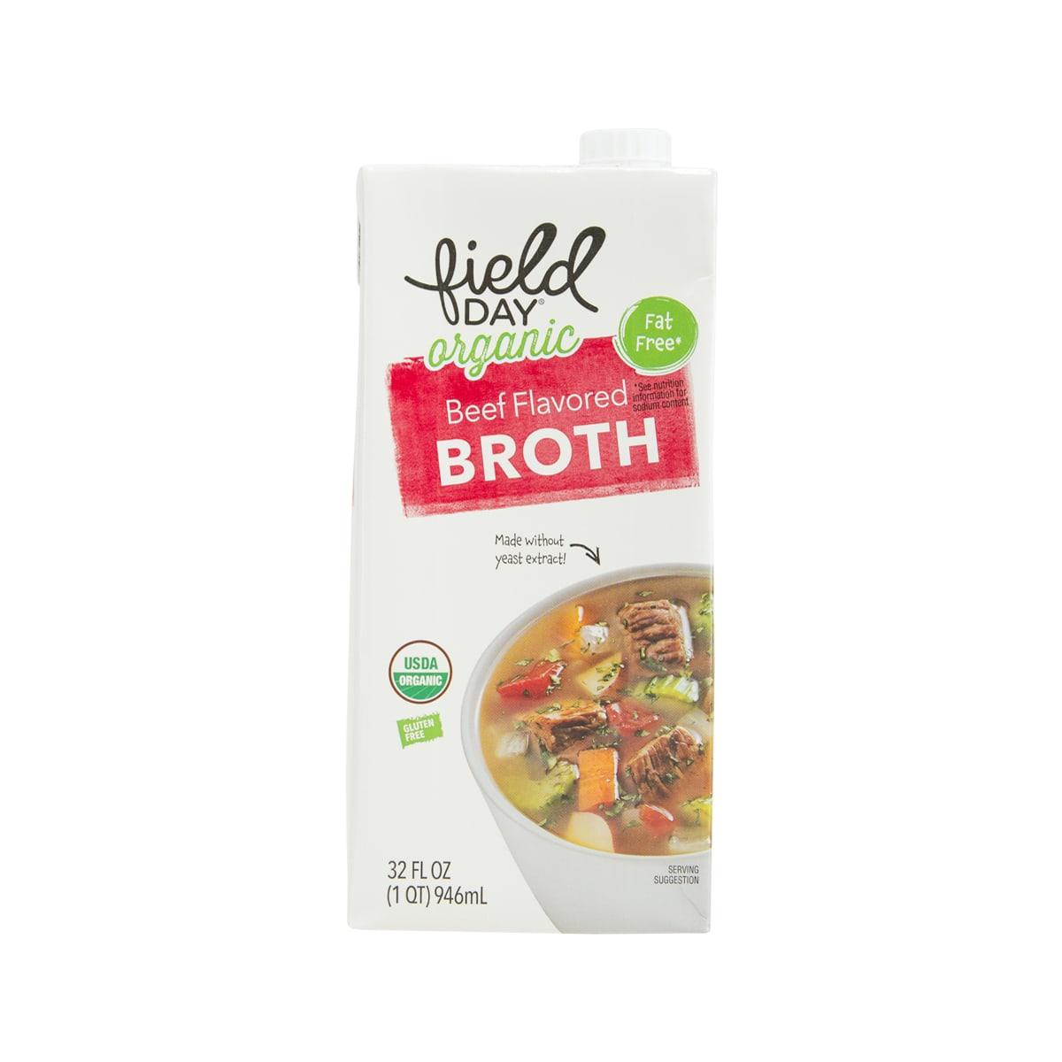 Organic beef flavored broth carton, front label with bowl of broth and red branding