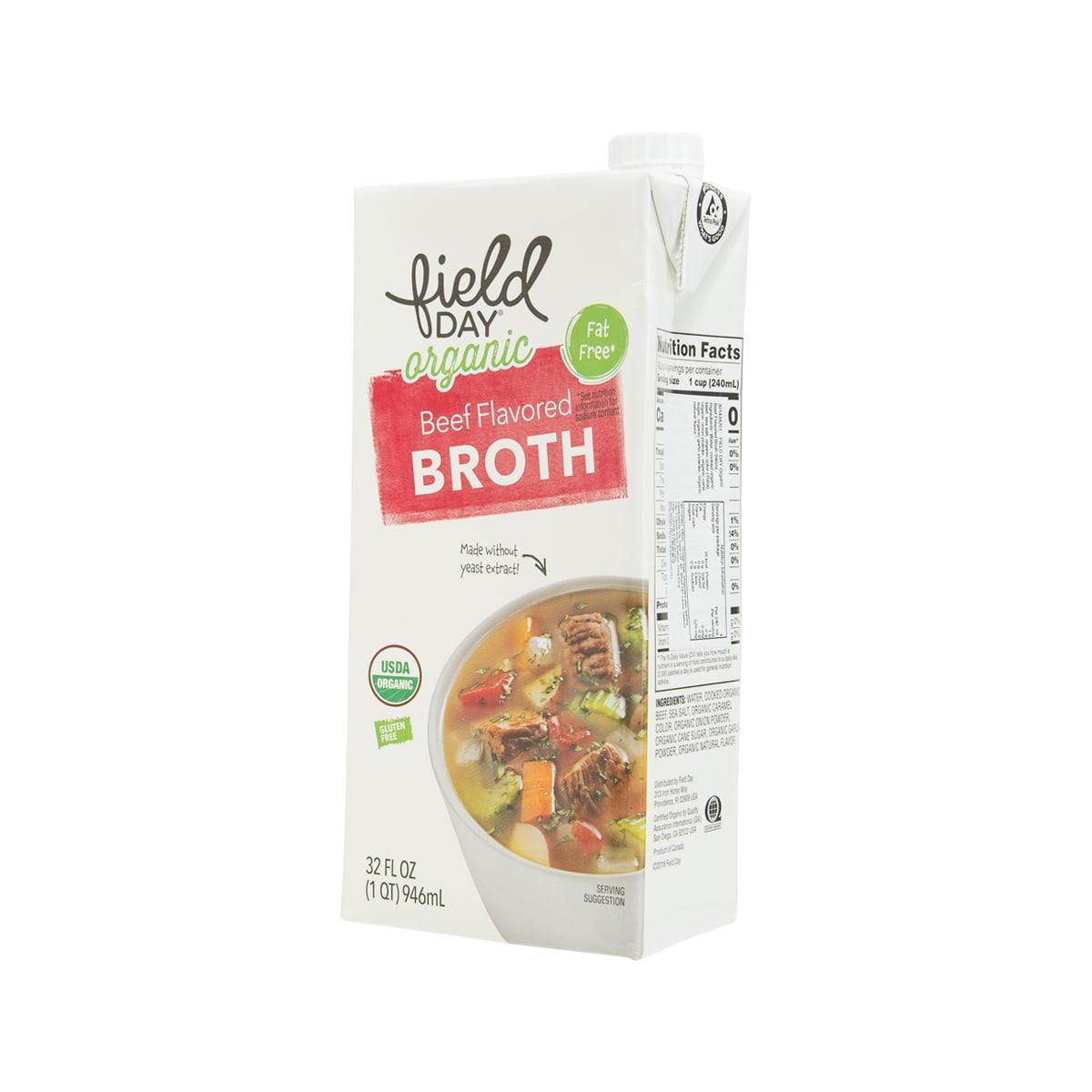 Organic beef flavored broth carton, side view with Nutrition Facts panel