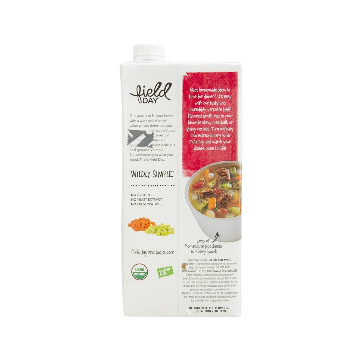 Organic beef flavored broth carton, back panel with ingredient and serving text