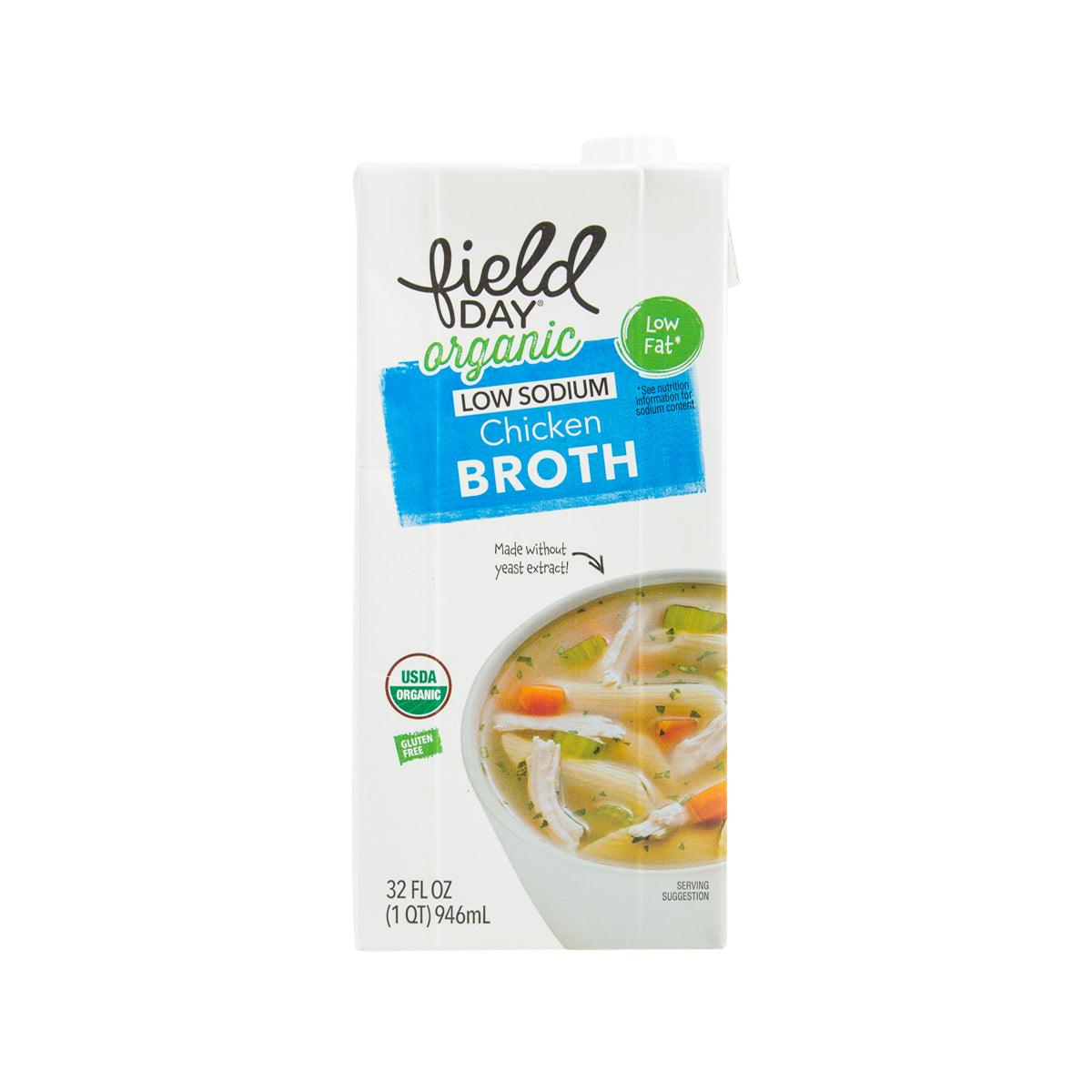 Low-sodium organic chicken broth carton, blue label, 32 fl oz (907 g)