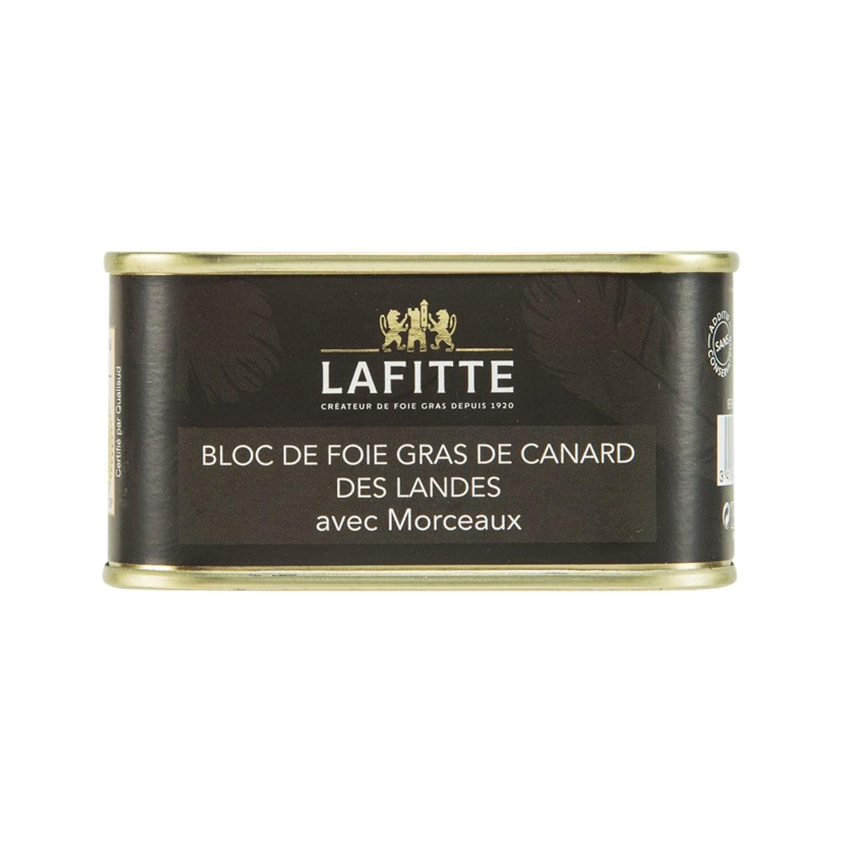 LAFITTE duck foie gras tin with dark gold label and 'Bloc de Foie Gras'