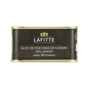 LAFITTE duck foie gras tin with dark gold label and 'Bloc de Foie Gras'