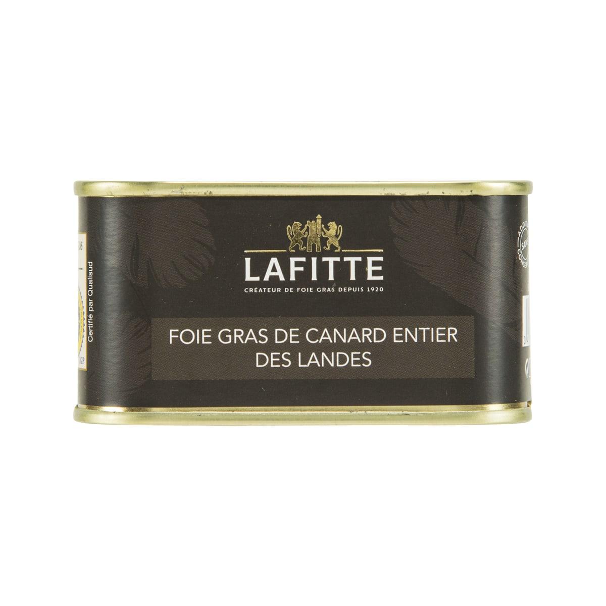 LAFITTE duck foie gras tin, dark label with 'Foie Gras de Canard' text