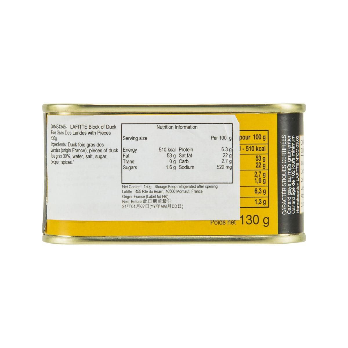 LAFITTE duck foie gras block tin, back nutrition label and net weight 130 g