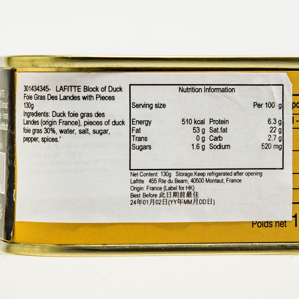 LAFITTE duck foie gras tin back, close-up nutrition facts panel