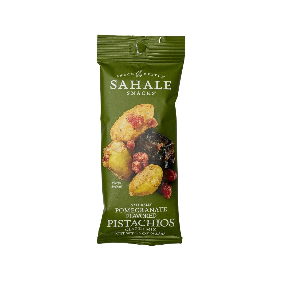 SAHALE naturally flavored pomegranate pistachios snack bag, green foil pouch