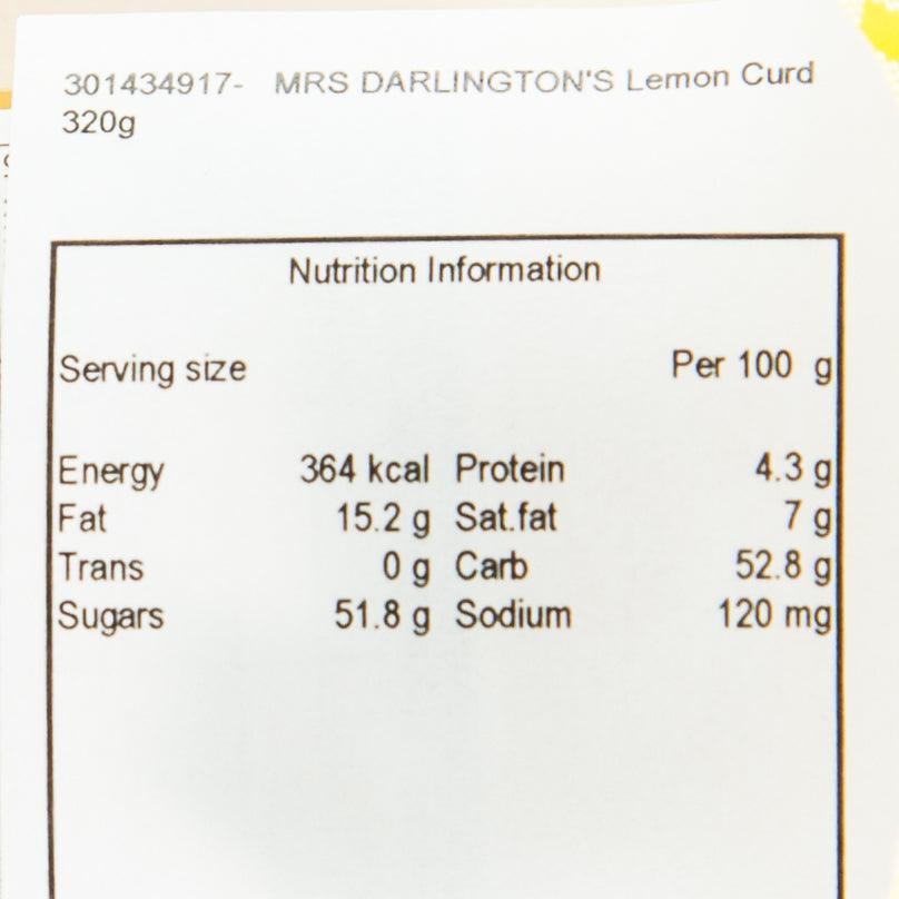 Nutrition information panel for lemon curd, serving size and per-100g values