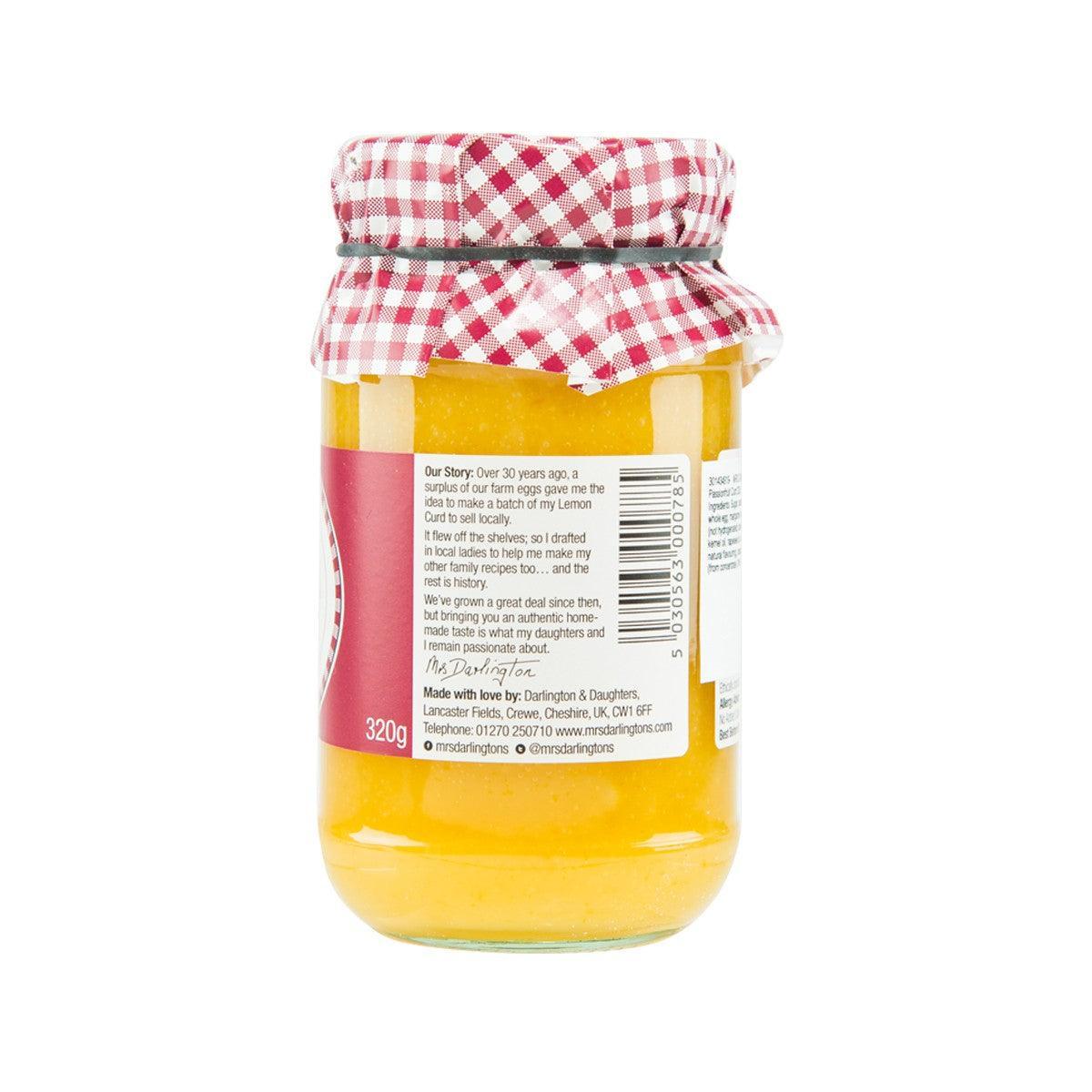 Mrs Darlington's passionfruit curd jar, back label with barcode, 320g
