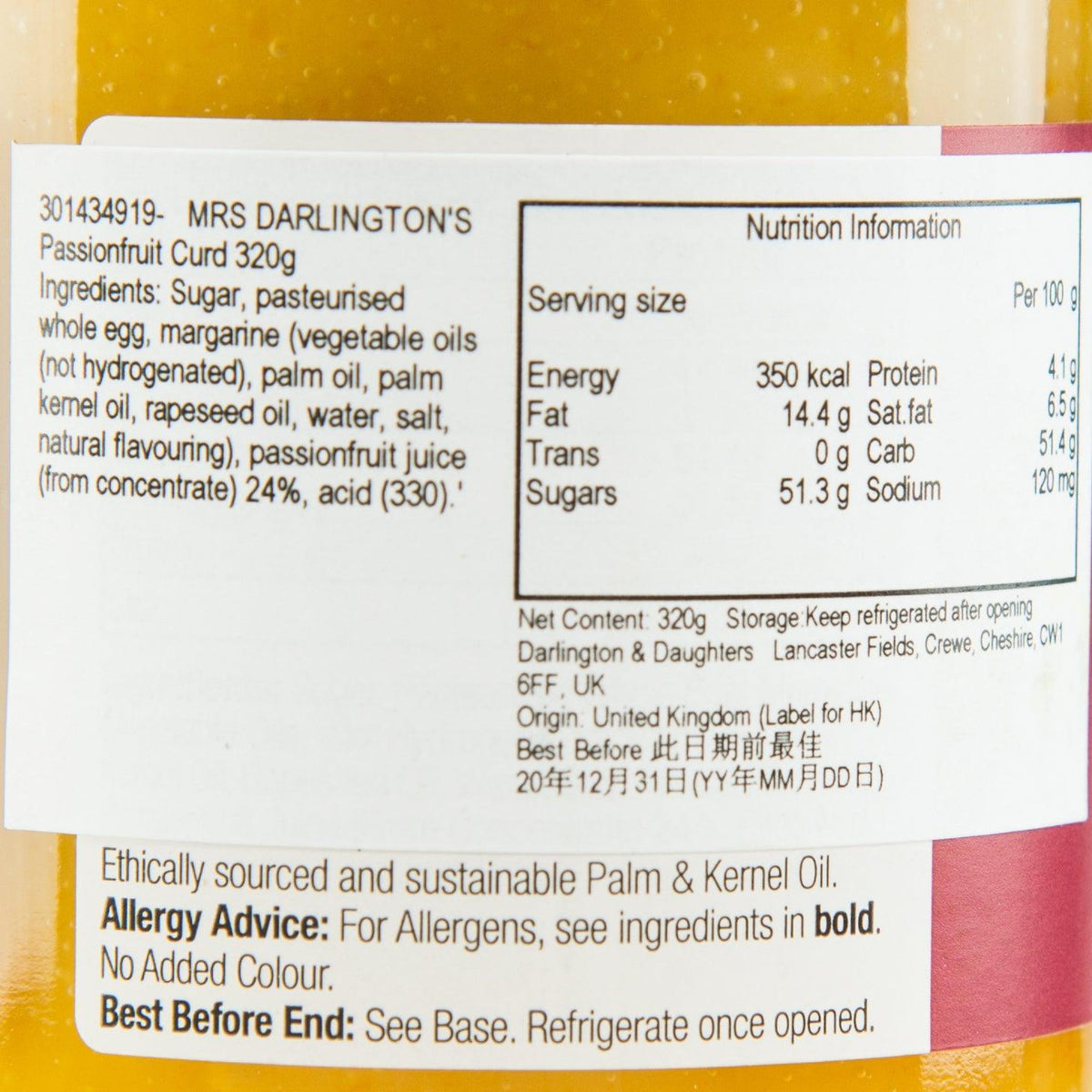 Mrs Darlington's passionfruit curd nutrition panel on label, 320g