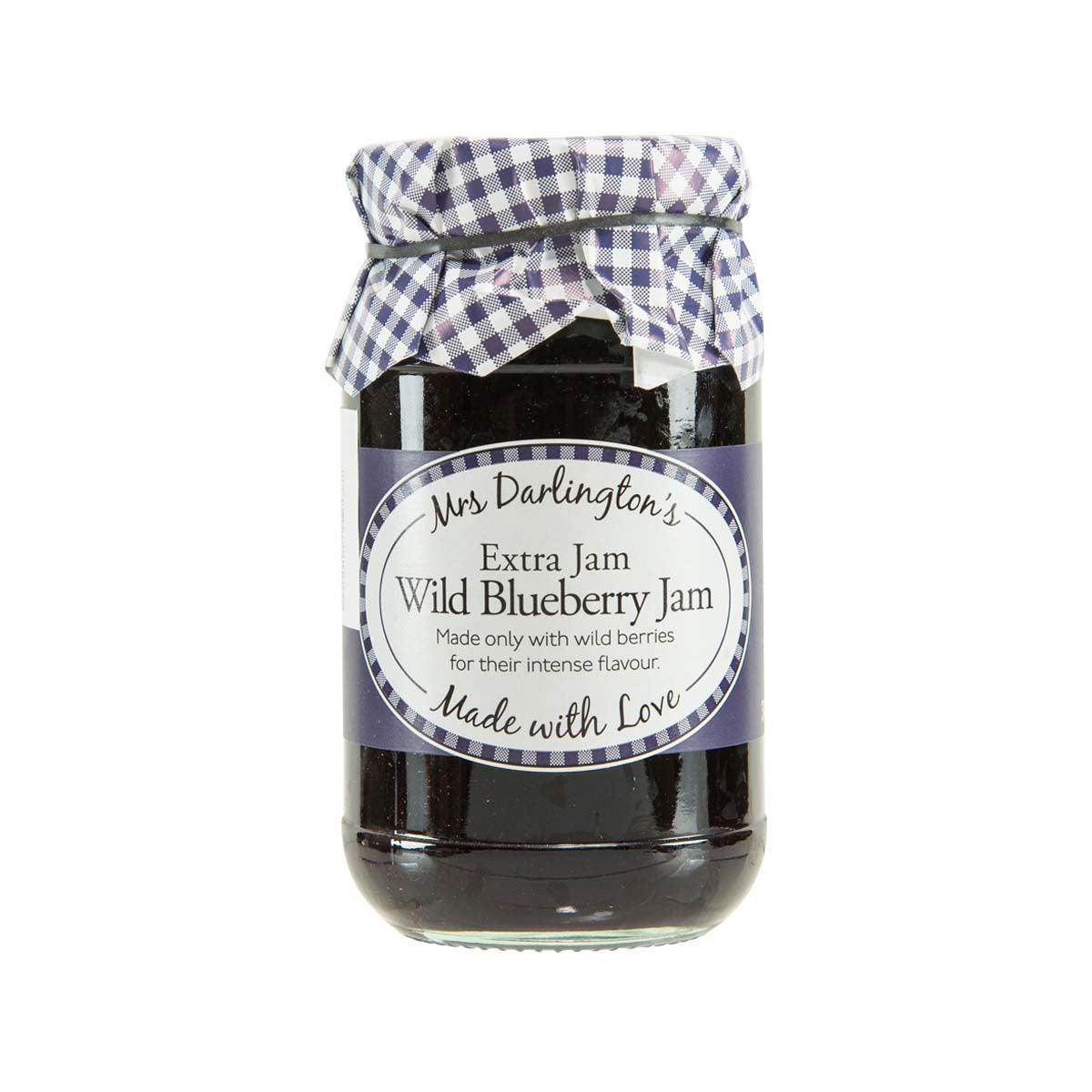 Blueberry jam jar with blue gingham ribbon, dark glass, front label, 340g