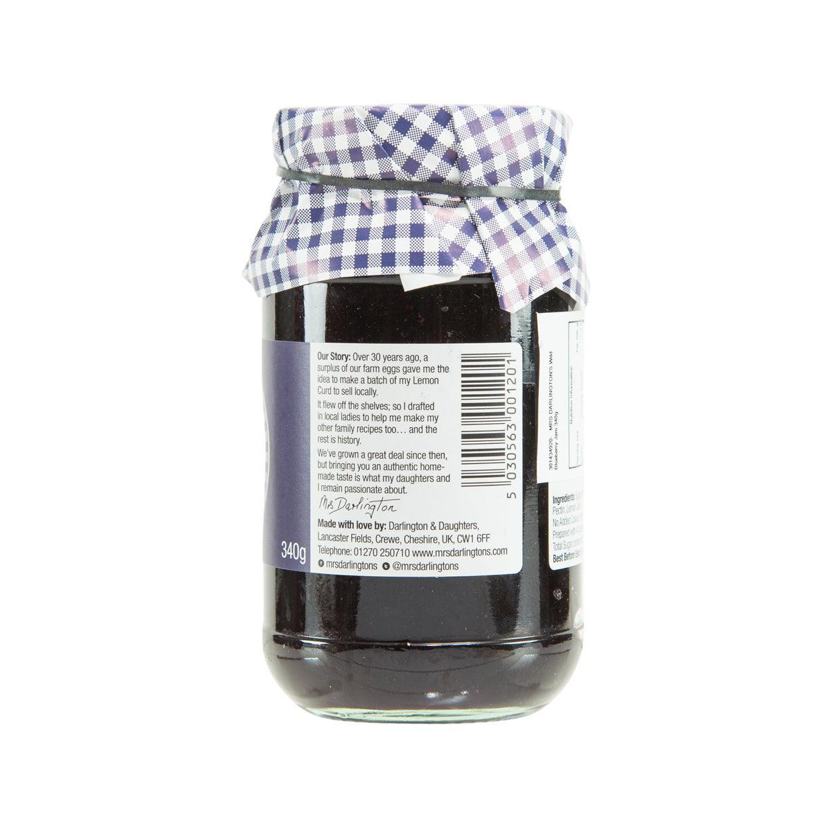 Blueberry jam jar back label with nutrition text and barcode, dark glass, 340g