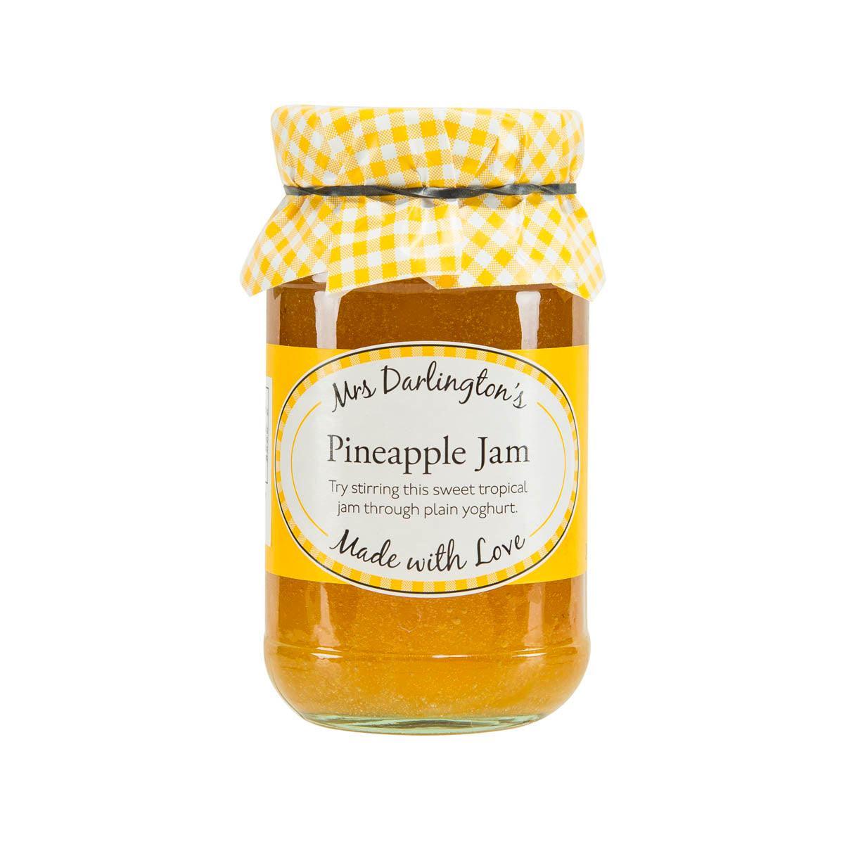 Mrs Darlington's pineapple jam jar, 340g, with yellow gingham lid and front label
