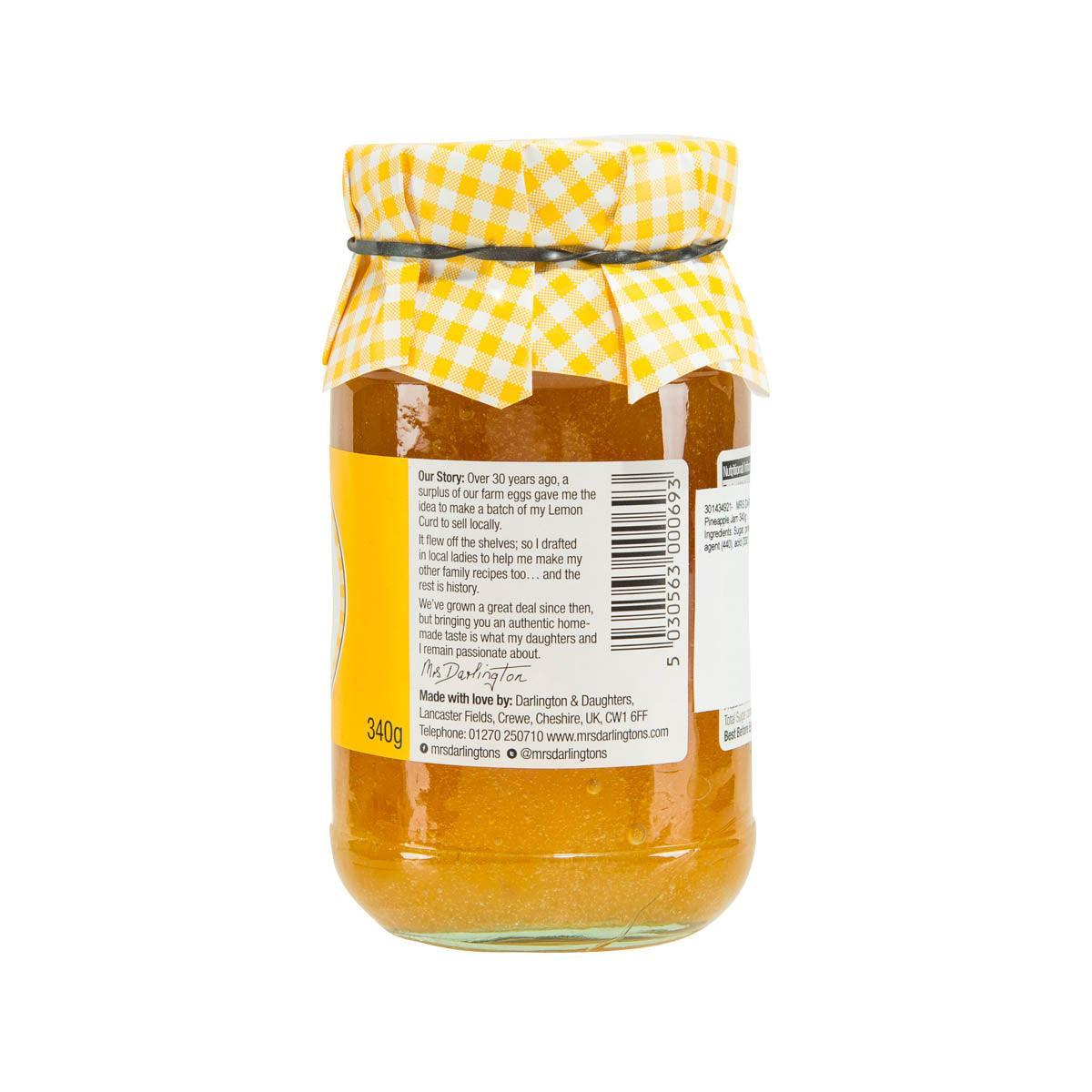 Mrs Darlington's pineapple jam jar, 340g, with yellow gingham lid and back label