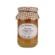 Ginger extra jam jar with brown glass, gingham lid, and ribbon bow