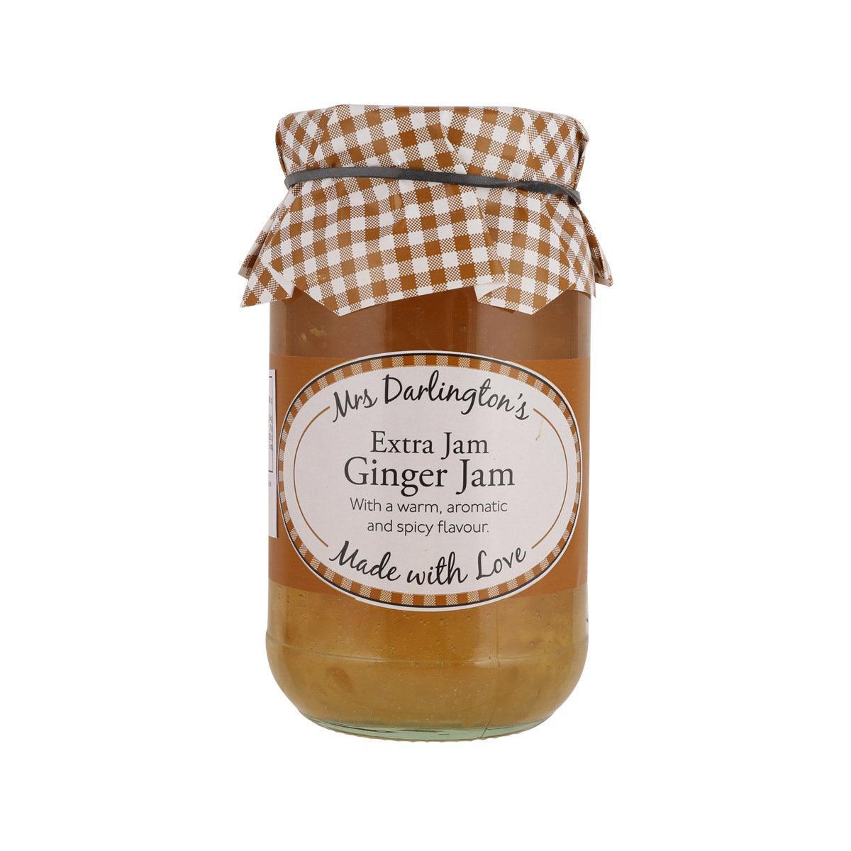 Ginger extra jam jar with brown glass, gingham lid, and ribbon bow