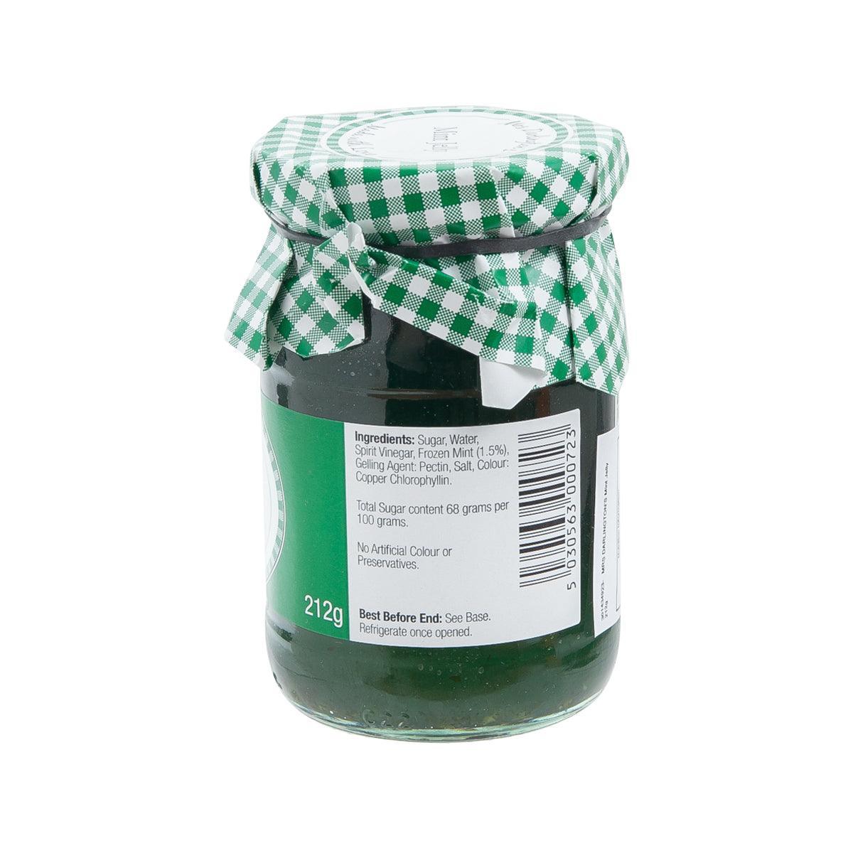 Mint jelly jar back label with ingredients text and 212g