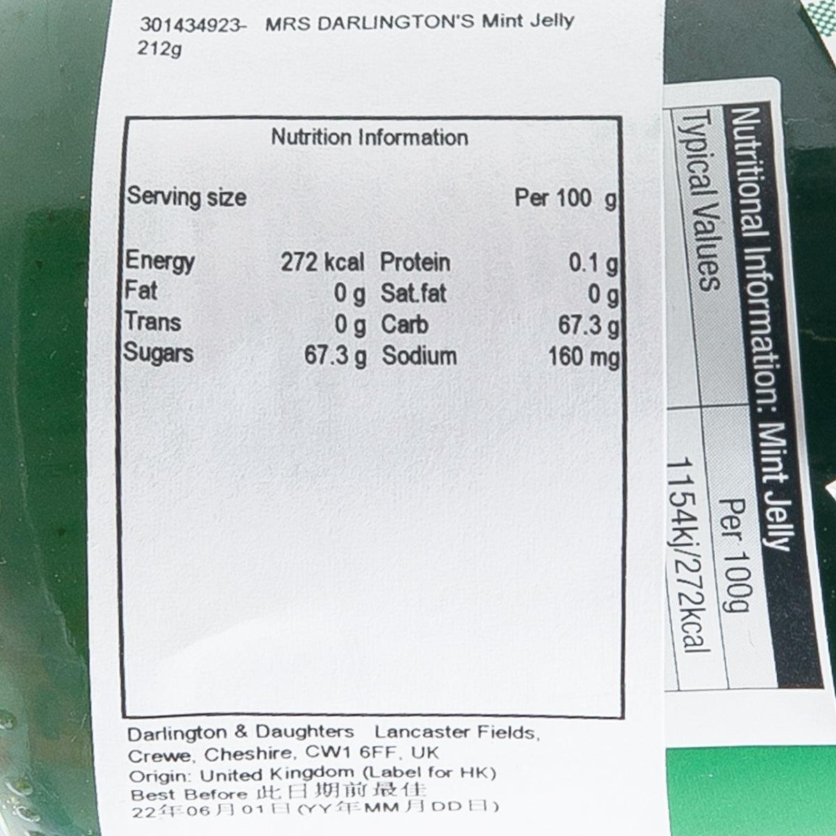 Mint jelly jar nutrition information label with serving details