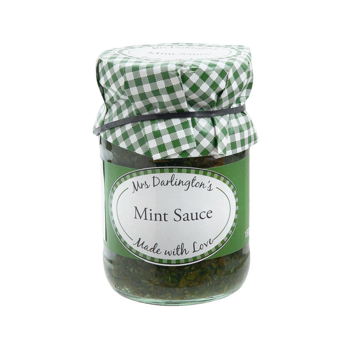 Mint sauce jar with green gingham ribbon and Mrs Darlington's Mint Sauce label