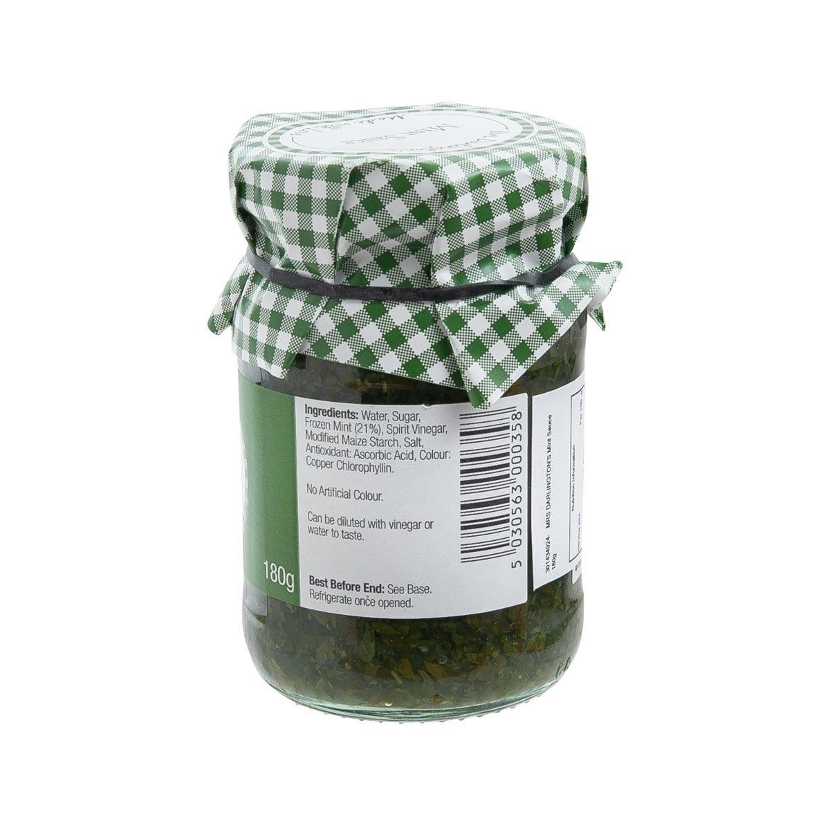 Mint sauce jar with green gingham ribbon lid and back label with ingredient text
