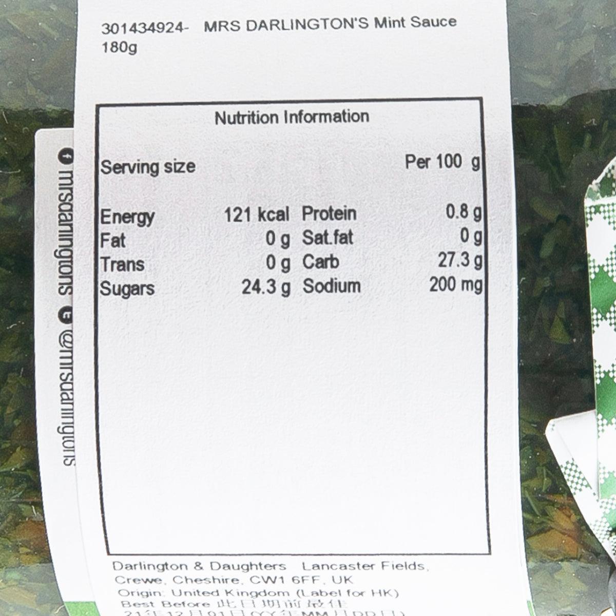 Mint sauce jar nutrition facts panel with serving size and per 100 g values