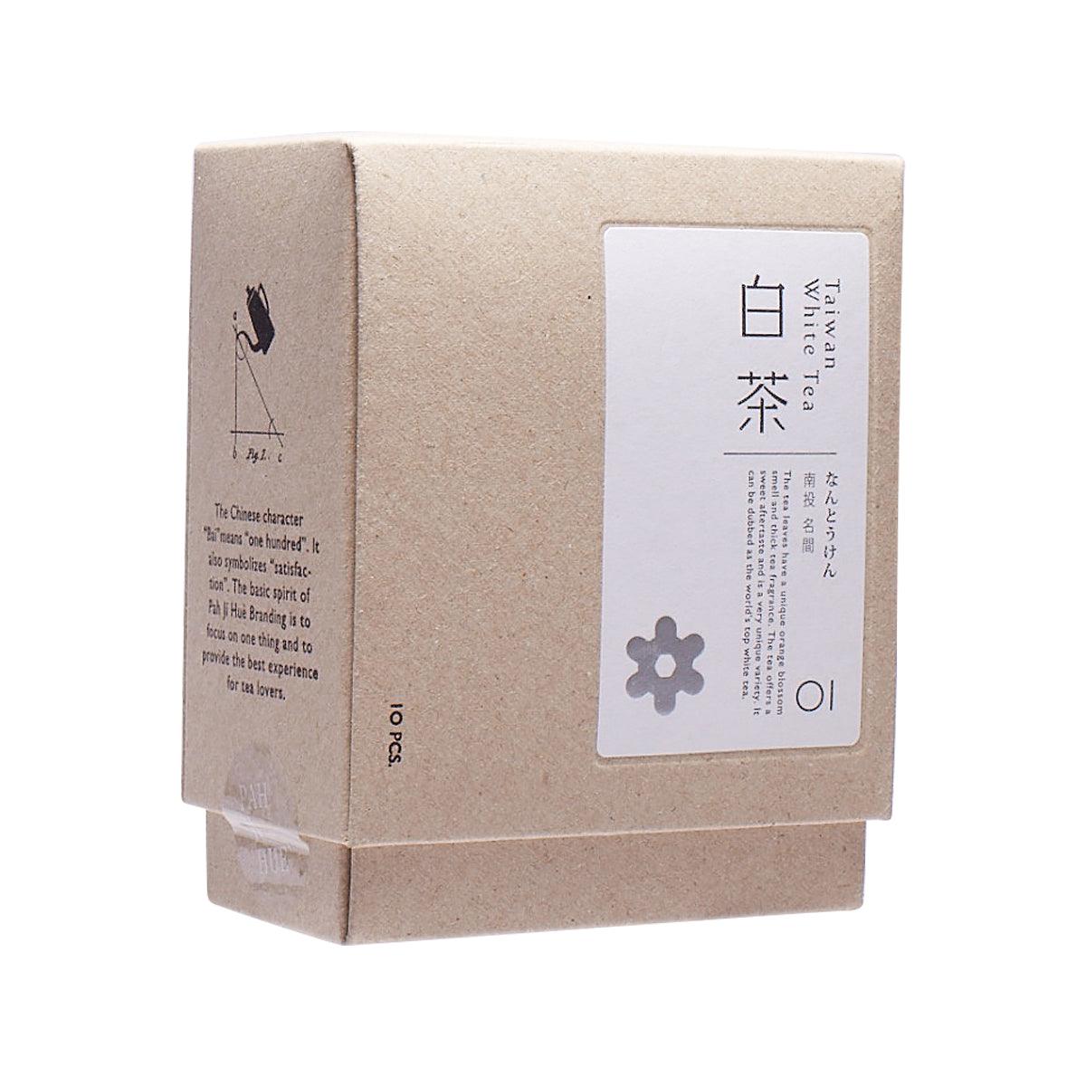 Taiwan white tea drip bag box, kraft paper with label and flower icon
