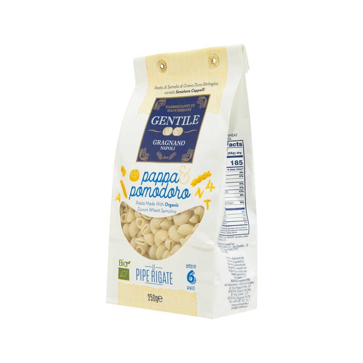 Organic pasta bag with cream and yellow label, side view and nutrition panel