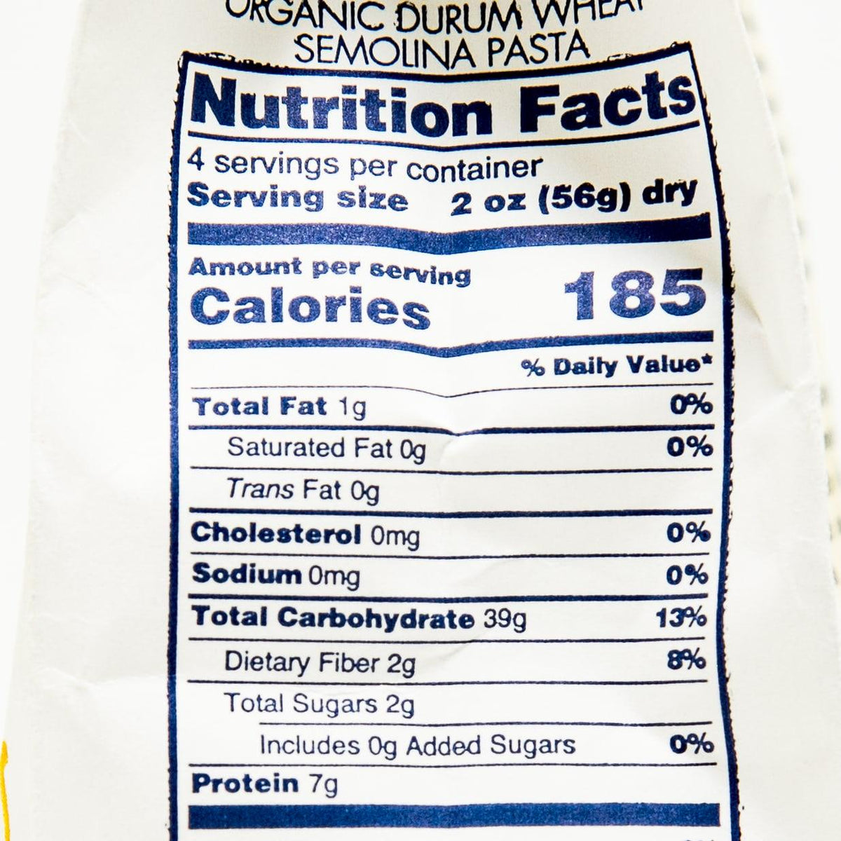 Nutrition Facts panel on organic pasta package, 185 calories per 2 oz (56 g) dry