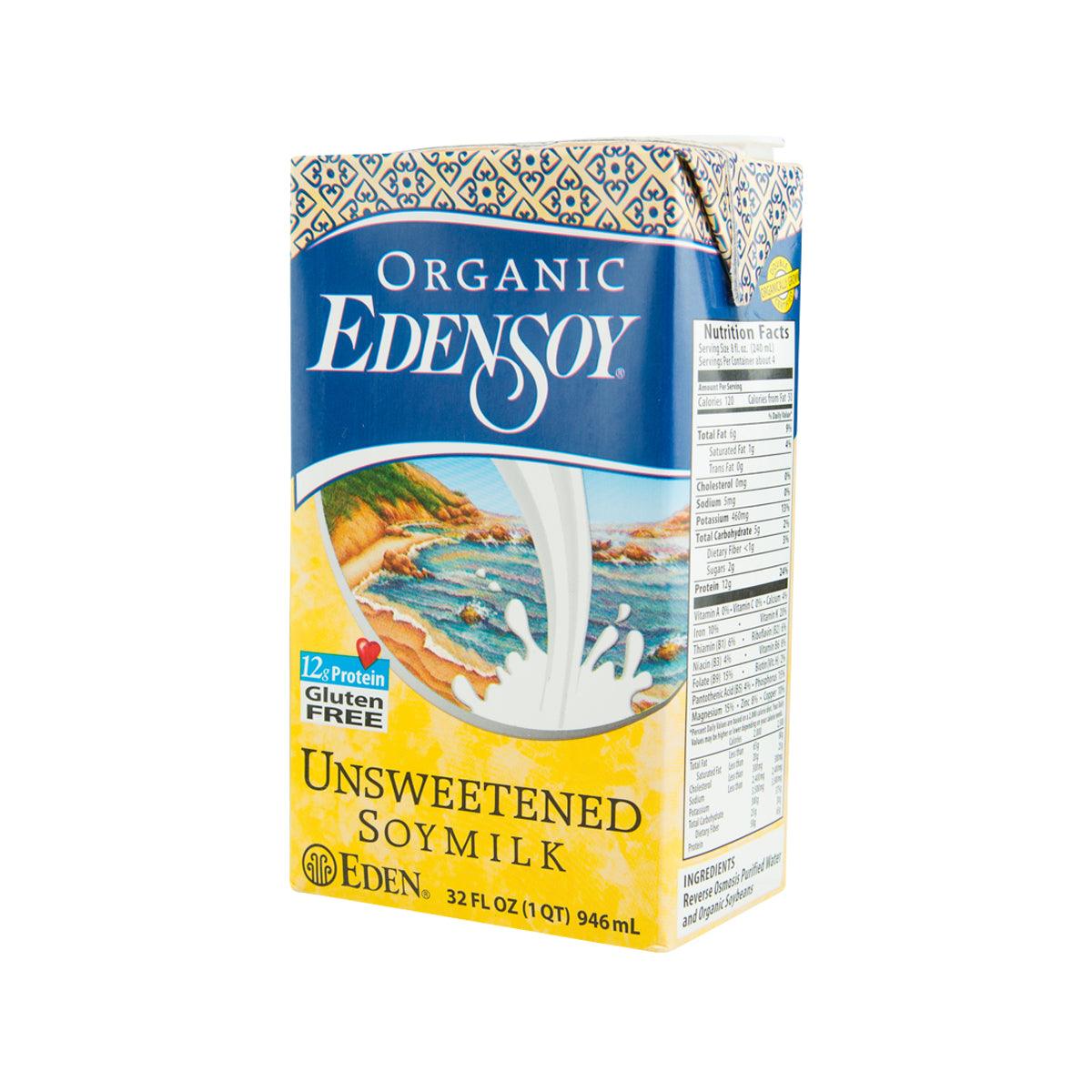 EDENSOY Organic unsweetened soy milk carton, back panel with nutrition facts