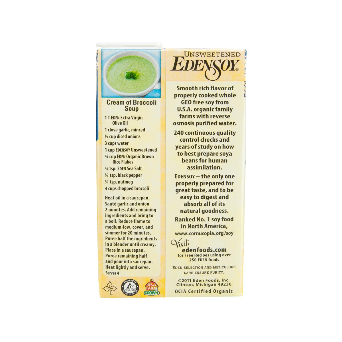 EDENSOY Organic unsweetened soy milk carton, back label with ingredients and directions