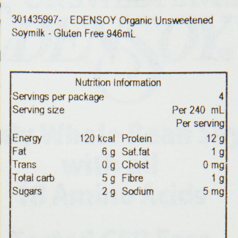 EDENSOY Organic unsweetened soy milk nutrition information panel, servings per package