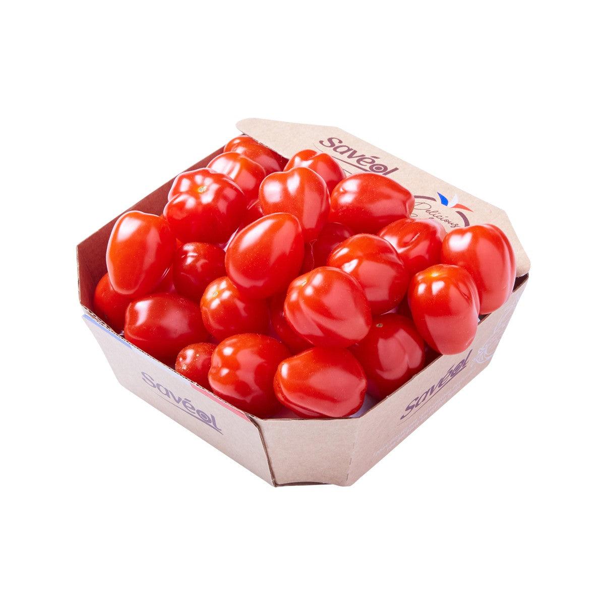 SAVEOL cherry tomato pigeon heart in open cardboard tray, red tomatoes