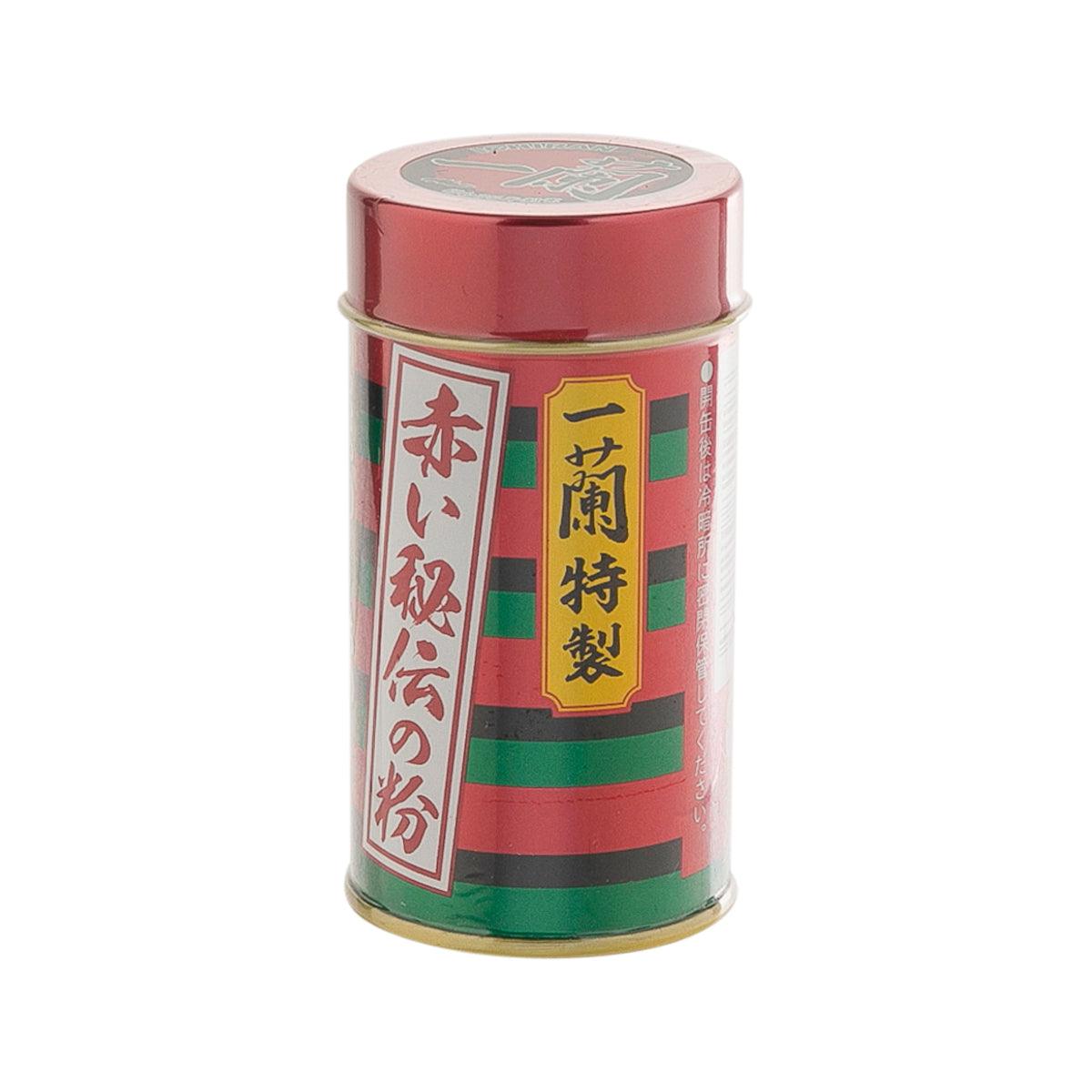 ICHIRAN spicy red seasoning tin with green label and metal lid, red cylinder