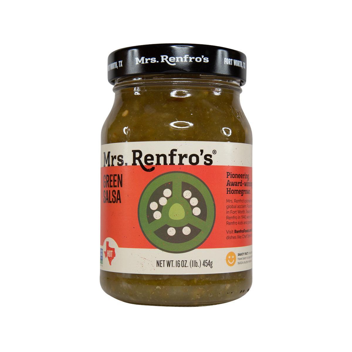 Mrs. Renfro's jalapeño green salsa jar with black lid and front label