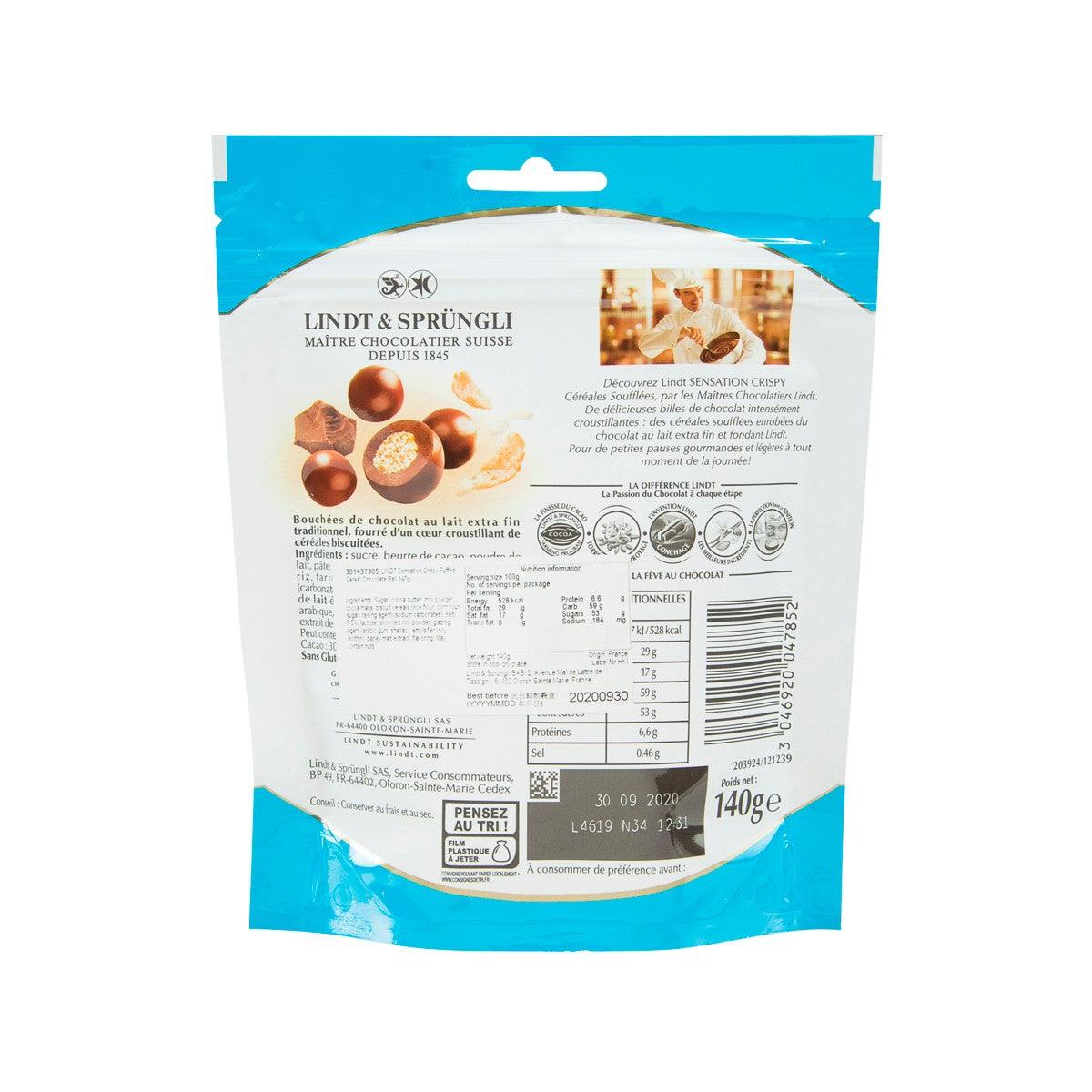 LINDT Sensation Crispy chocolate cereal puffs pouch, back panel with nutrition table