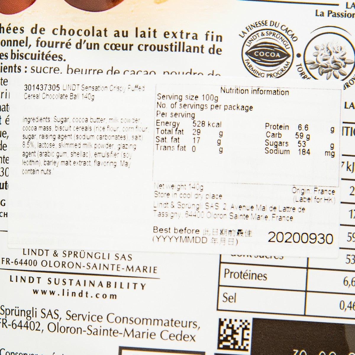 Nutrition label close-up for LINDT Sensation Crispy chocolate cereal puffs