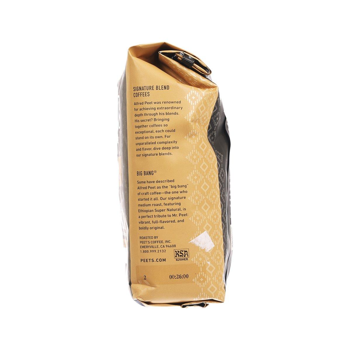 Back of PEET's whole bean Medium Roast Big Bang coffee bag, 297g