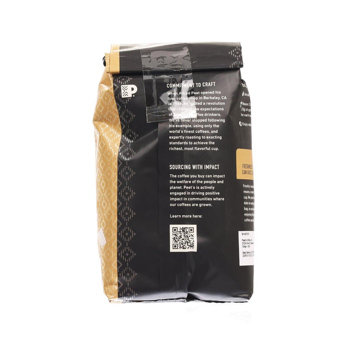 Back of PEET's whole bean Medium Roast Big Bang coffee bag with QR code, 297g